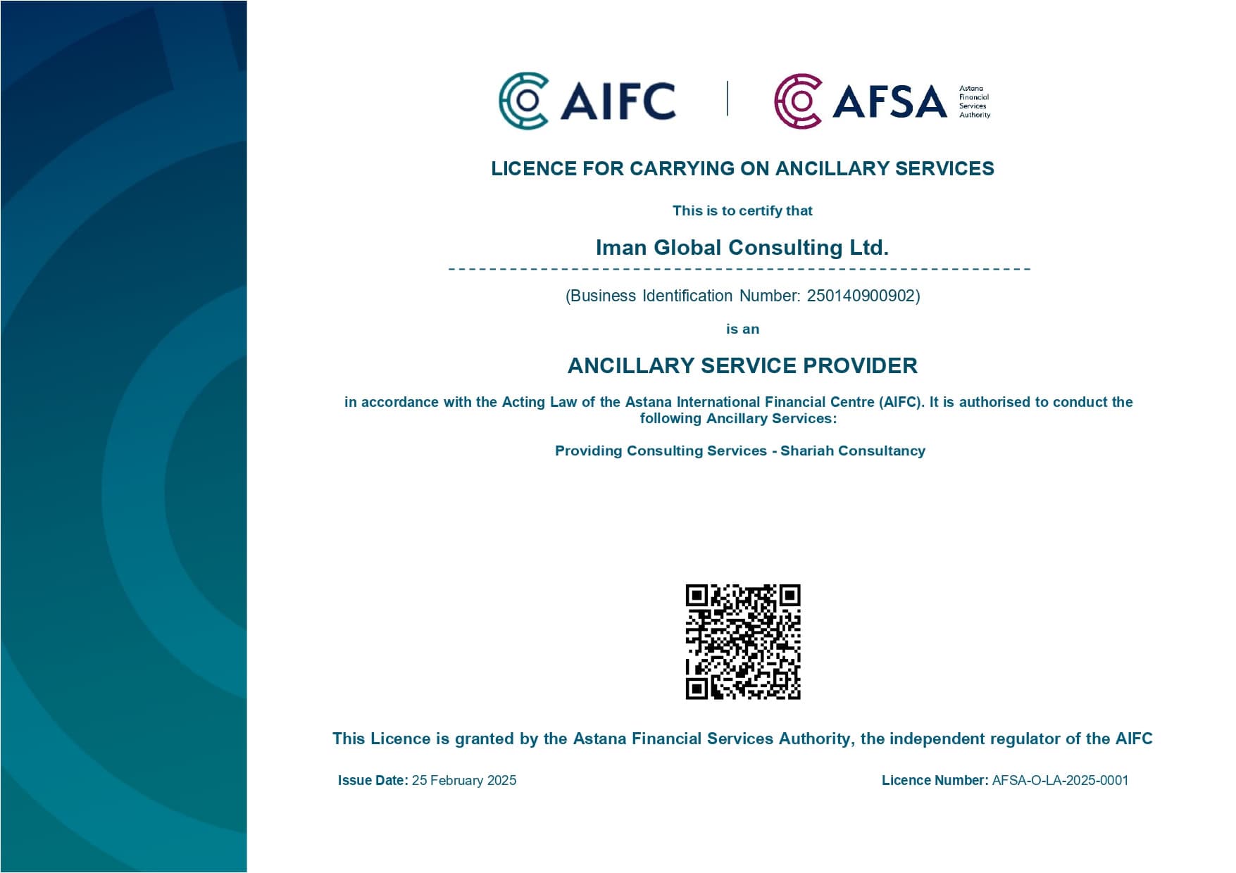 AFSA licence for carrying on ancillary services — Iman Global Consulting Ltd.